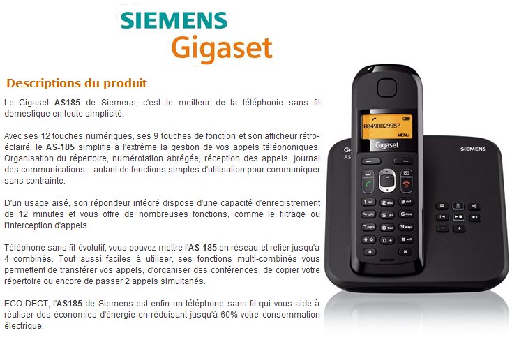 Siemens Gigaset AS185 noir - Téléphone fixe sans fil avec
