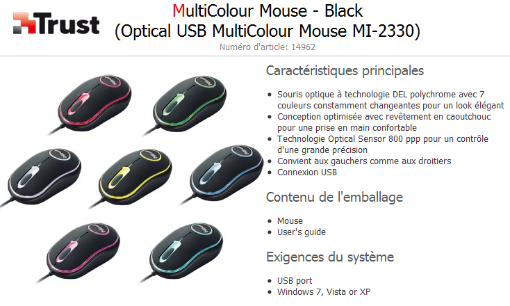 Acheter Trust Optical USB MultiColour Mouse MI-2330 Maroc