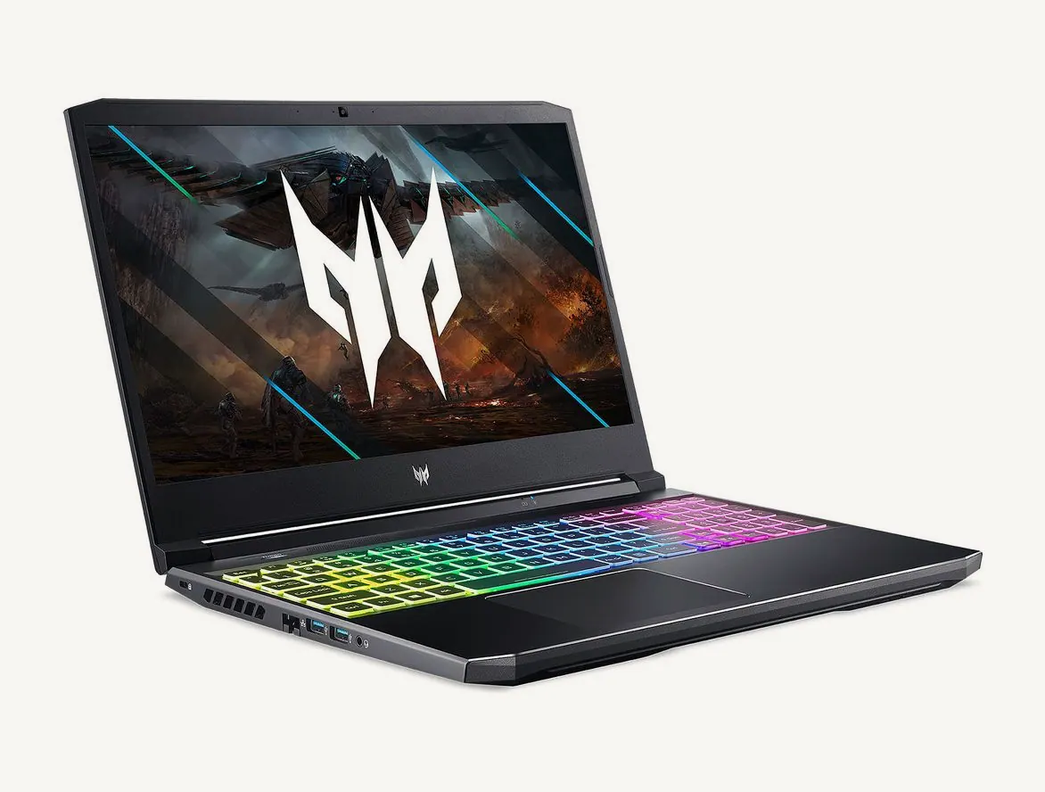 Acer Predator Helios 300 PH315-54 laptop open, three-quarter view, RGB keyboard lit