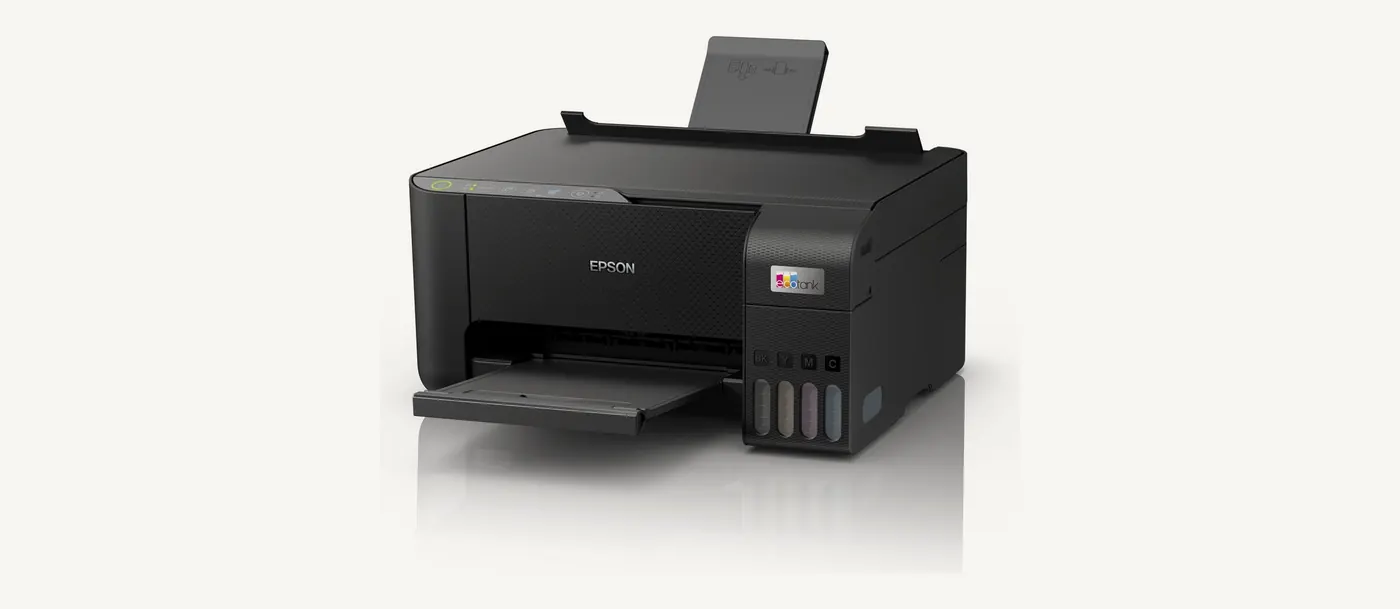 EcoTank L3250 de trois quarts, support papier arrière relevé et bac de sortie avant déplié
