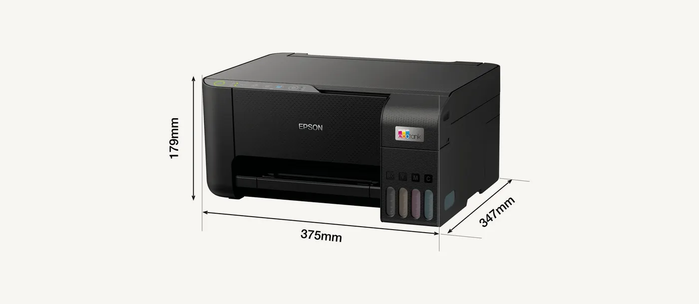 EcoTank L3250 cotée : 375 mm de large, 347 mm de profondeur, 179 mm de haut