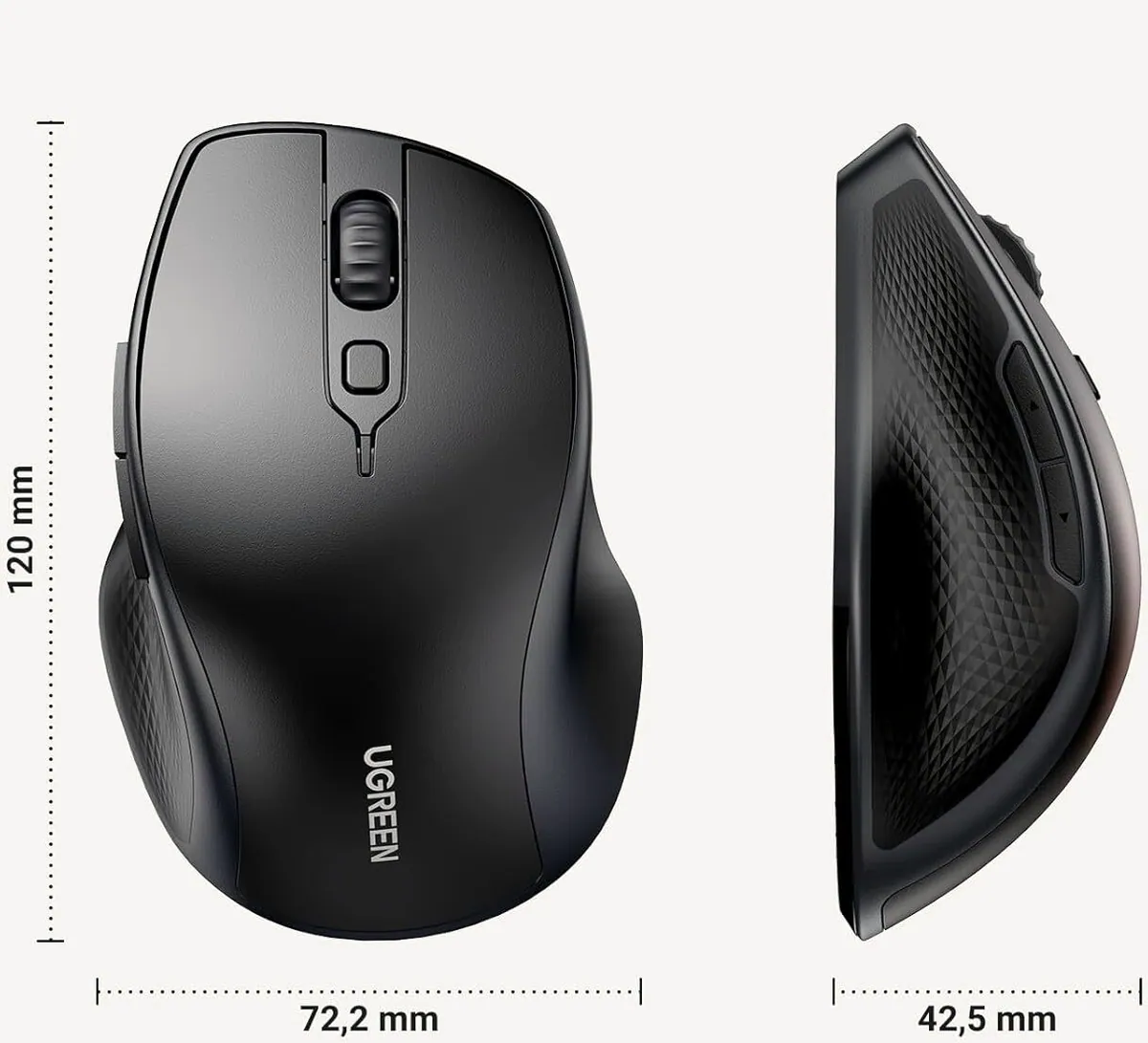 Cotes de la souris Ugreen MU101&nbsp;: 120 mm de long, 72,2 mm de large, 42,5 mm de haut