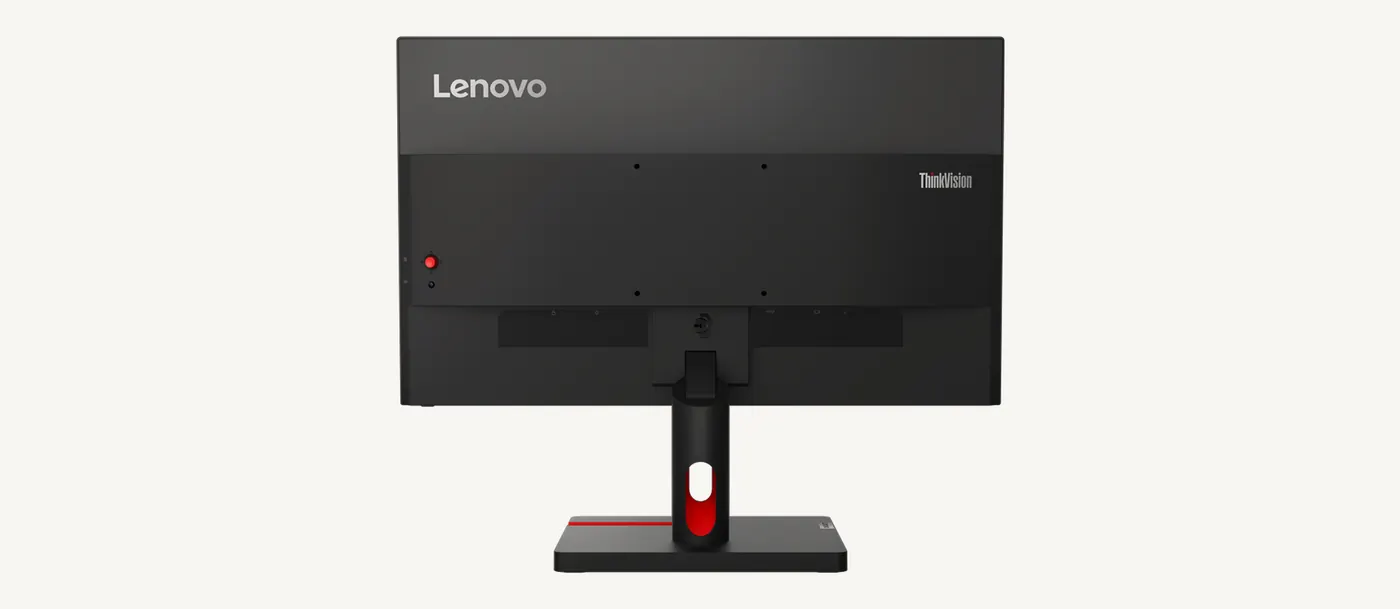 Dos de l'écran Lenovo ThinkVision S22i-30 : platine VESA 100 x 100 mm, colonne du pied et logement de la connectique