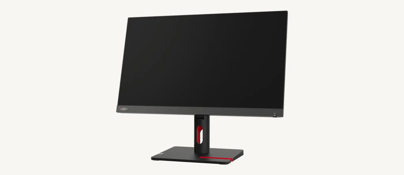Écran Lenovo ThinkVision S22i-30 vu de trois quarts, bordures latérales fines de 1,5 mm et liseré rouge sur le socle