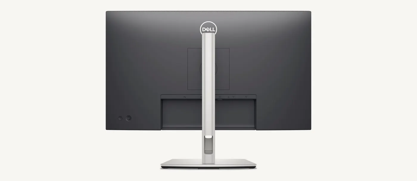 Dos de l'écran Dell P2725H : platine VESA 100 x 100 mm, colonne percée pour le passage des câbles et socle en aluminium