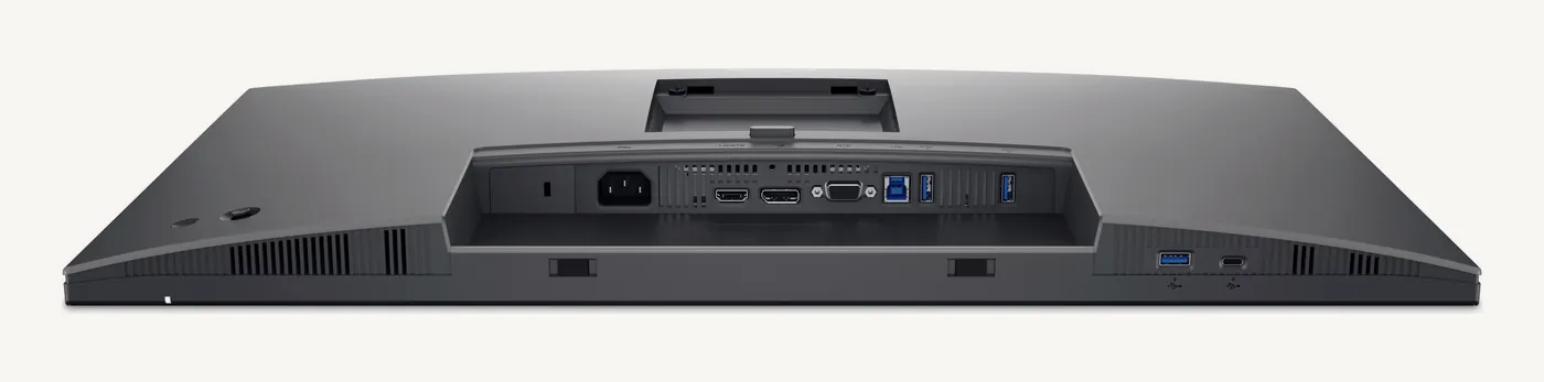 Panneau de connectique du Dell P2725H vu du dessous : prise secteur, HDMI, DisplayPort, VGA, USB-B montant et ports USB-A, plus un USB-A et un USB-C en accès rapide