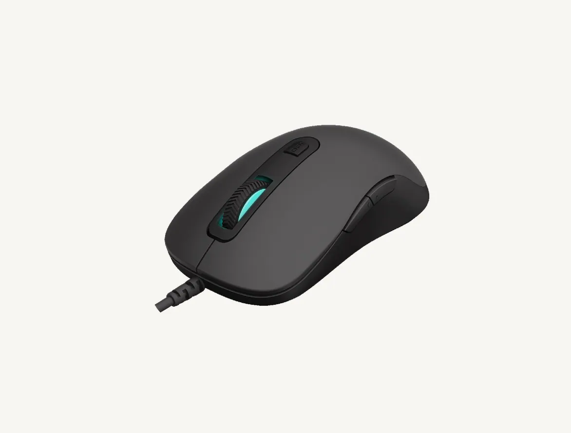 Souris gaming filaire Rapoo V16RGB vue de trois quarts, molette éclairée