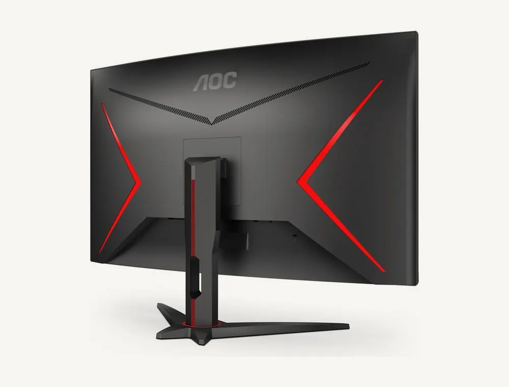 Dos de l'AOC C32G2ZE noir aux lignes rouges, colonne du pied et fixation VESA