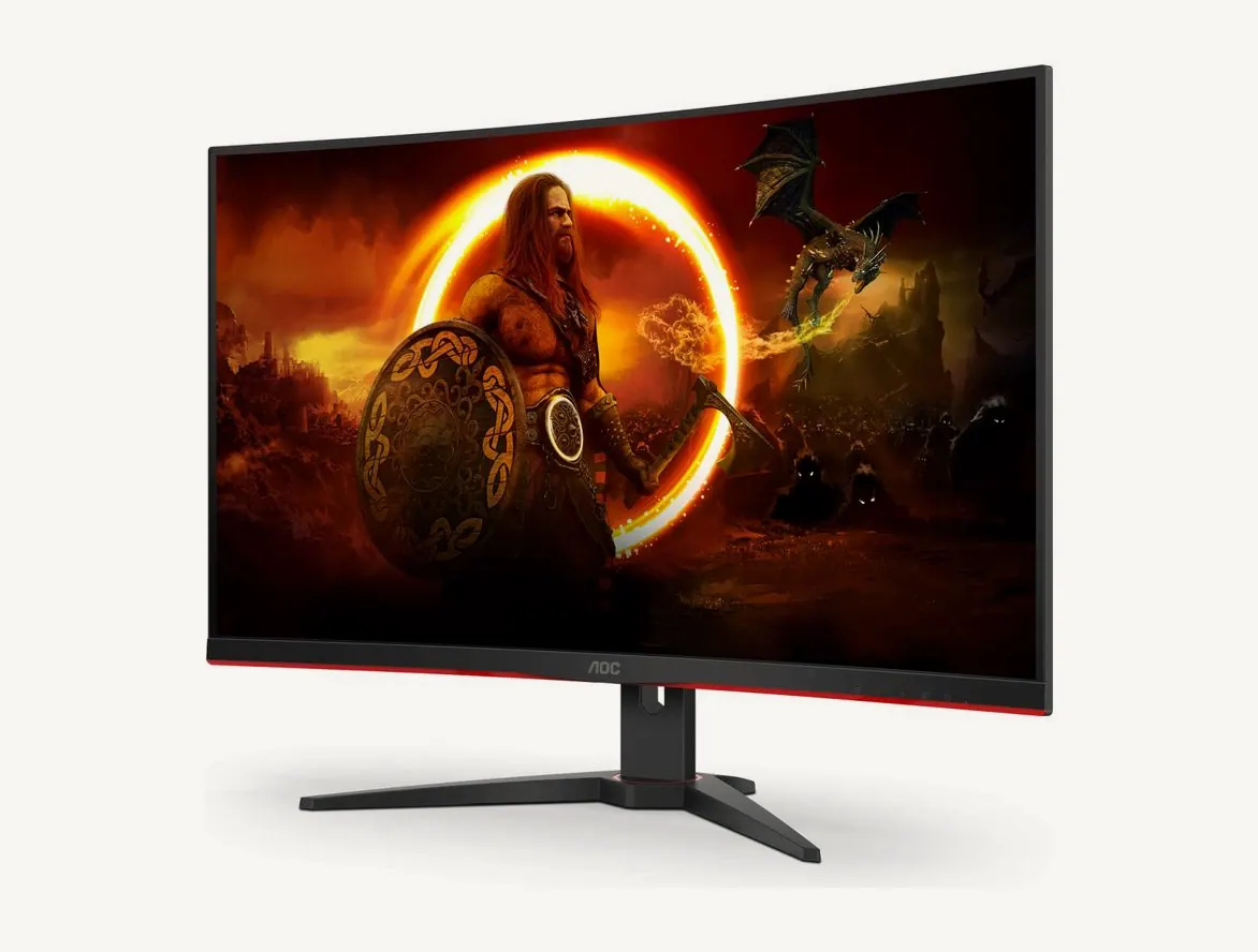 Écran AOC C32G2ZE incurvé vu de trois quarts face, pied en V noir et rouge