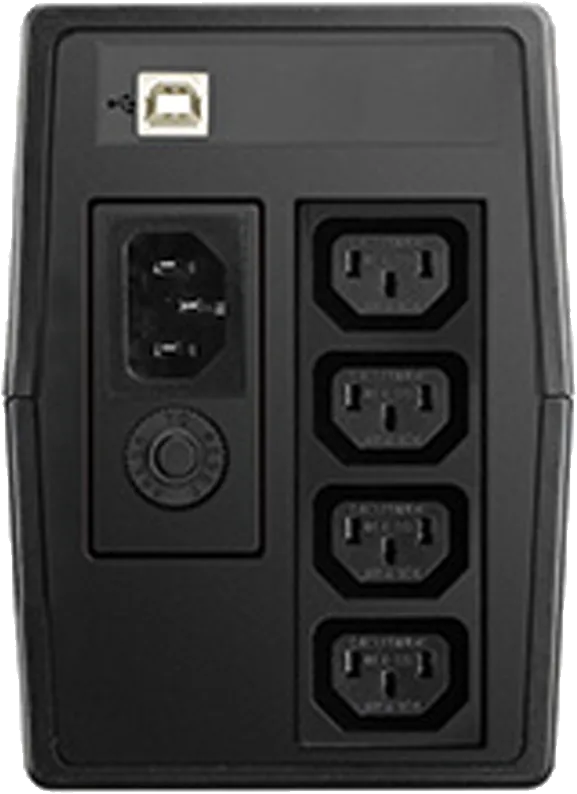 Panneau arrière du Delta Agilon VX 600 : port USB en haut, entrée secteur et porte-fusible à gauche, quatre prises C13 à droite