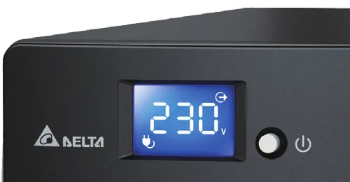 Gros plan sur l'écran LCD tactile du Delta Agilon VX 600 affichant une tension de 230 V
