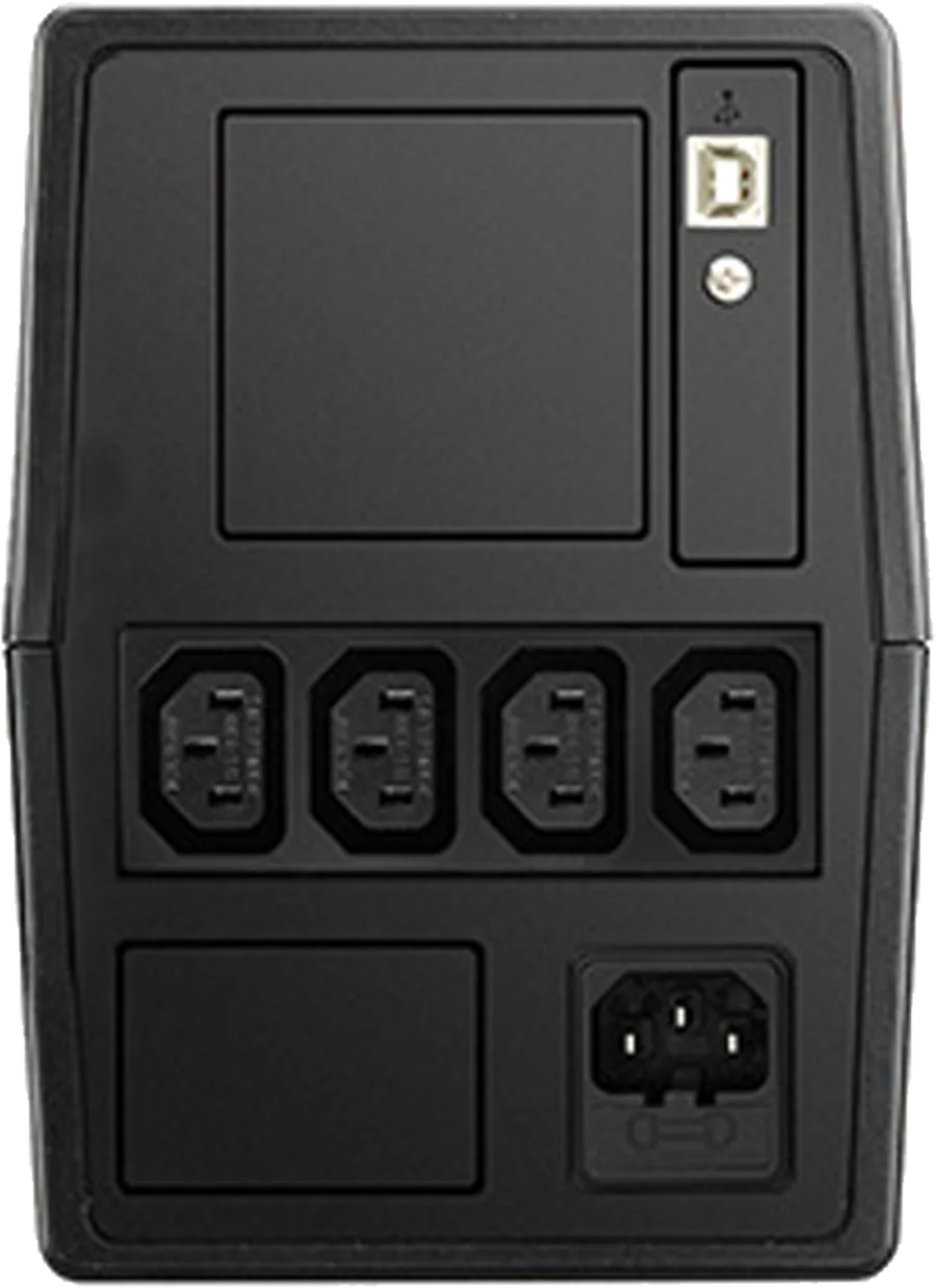 Panneau arrière du Delta Agilon VX 1000 : quatre prises C13 en ligne, entrée secteur avec porte-fusible en bas à droite, port USB en haut à droite