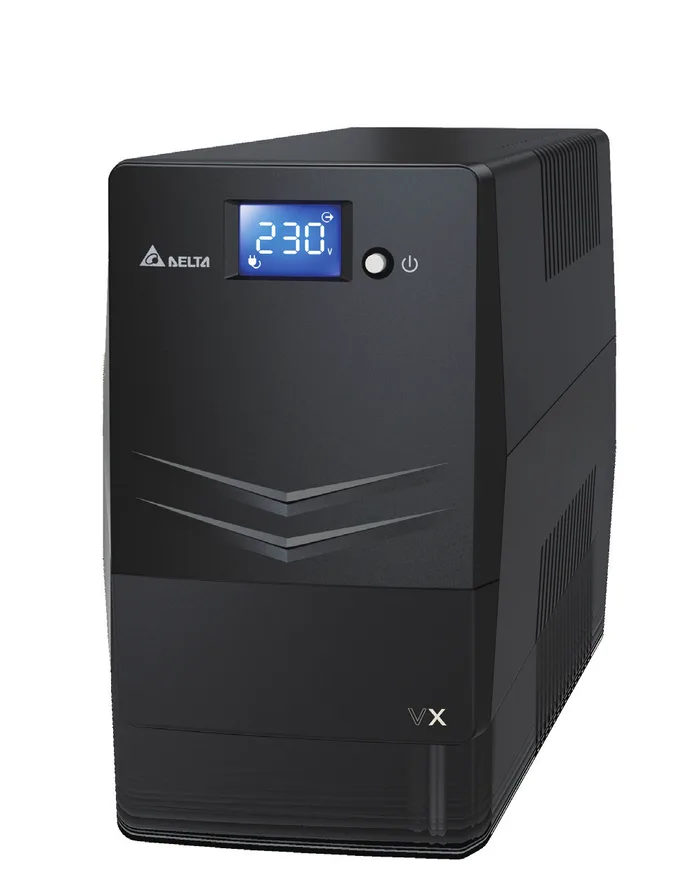 Façade du Delta Agilon VX 1500 : écran LCD tactile bleu et bouton marche-arrêt sur boîtier noir