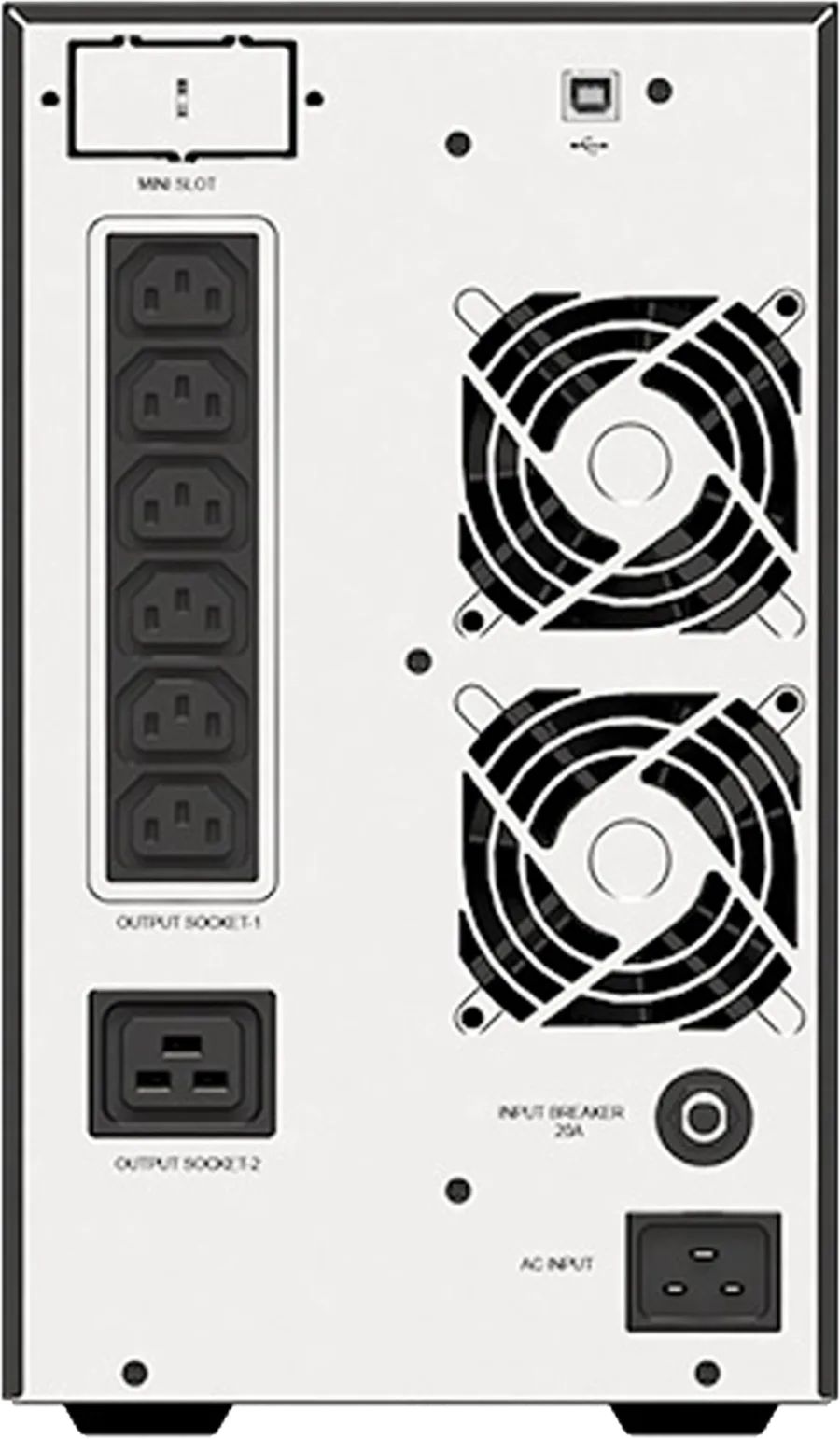 Face arrière de l'Amplon N 2K : fente MINI, port USB, six prises C13, une prise C19, deux ventilateurs, disjoncteur 20 A et entrée C20