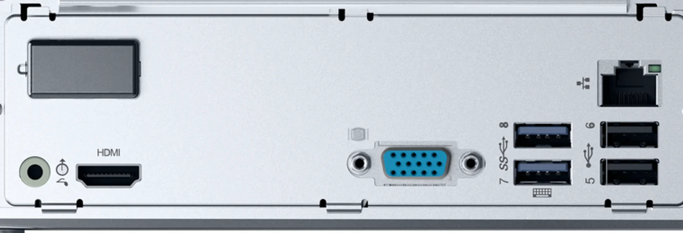 Panneau arrière du ThinkCentre neo 30s : sortie audio, HDMI, VGA, quatre USB-A et prise réseau