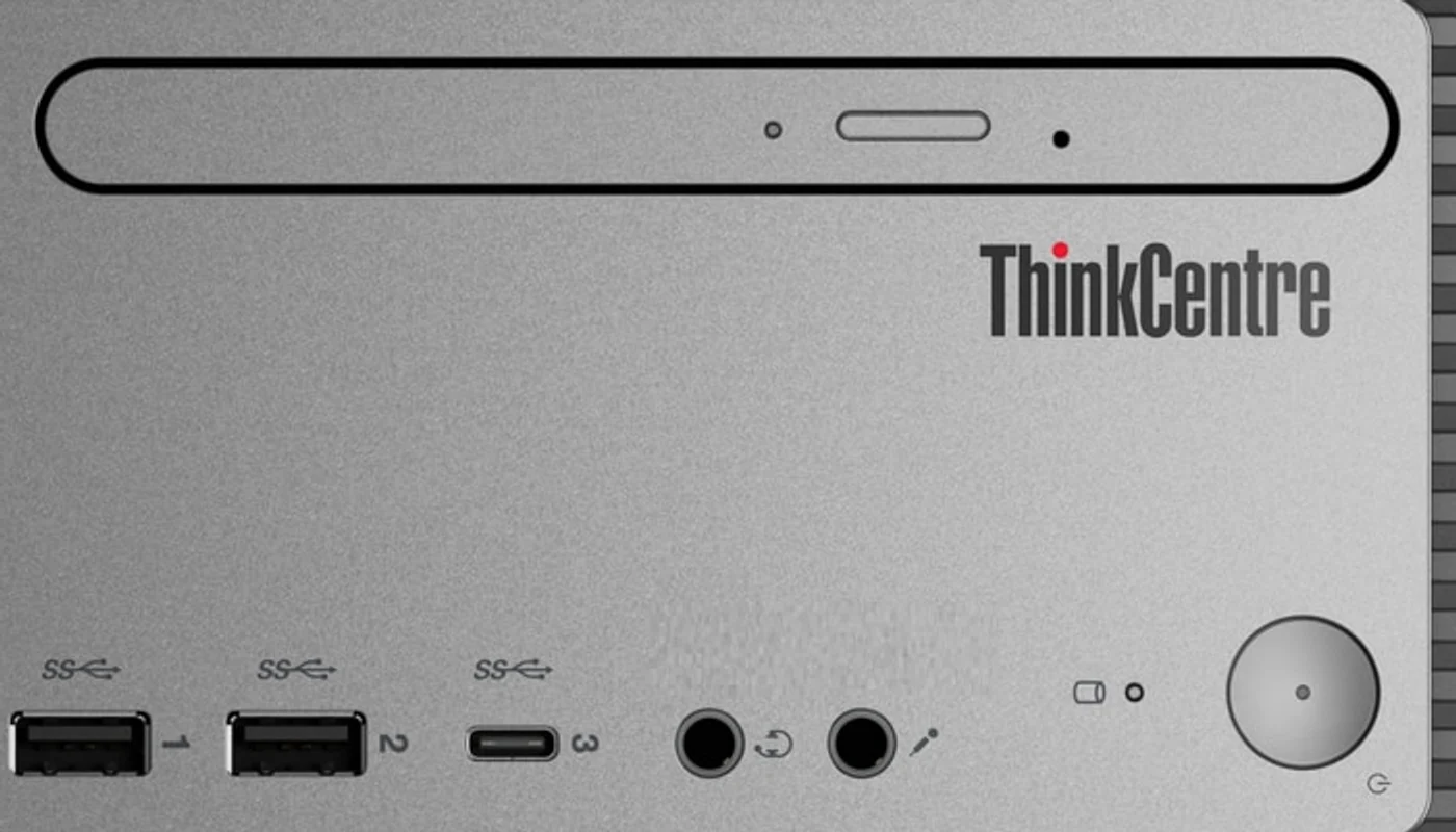Façade du ThinkCentre neo 30s : bouton d'alimentation, prises audio, USB-C et deux USB-A