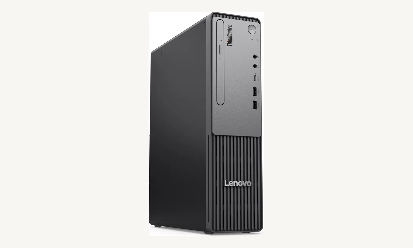 ThinkCentre neo 30s Gen 5 noir vu de trois quarts, façade grise et grille verticale