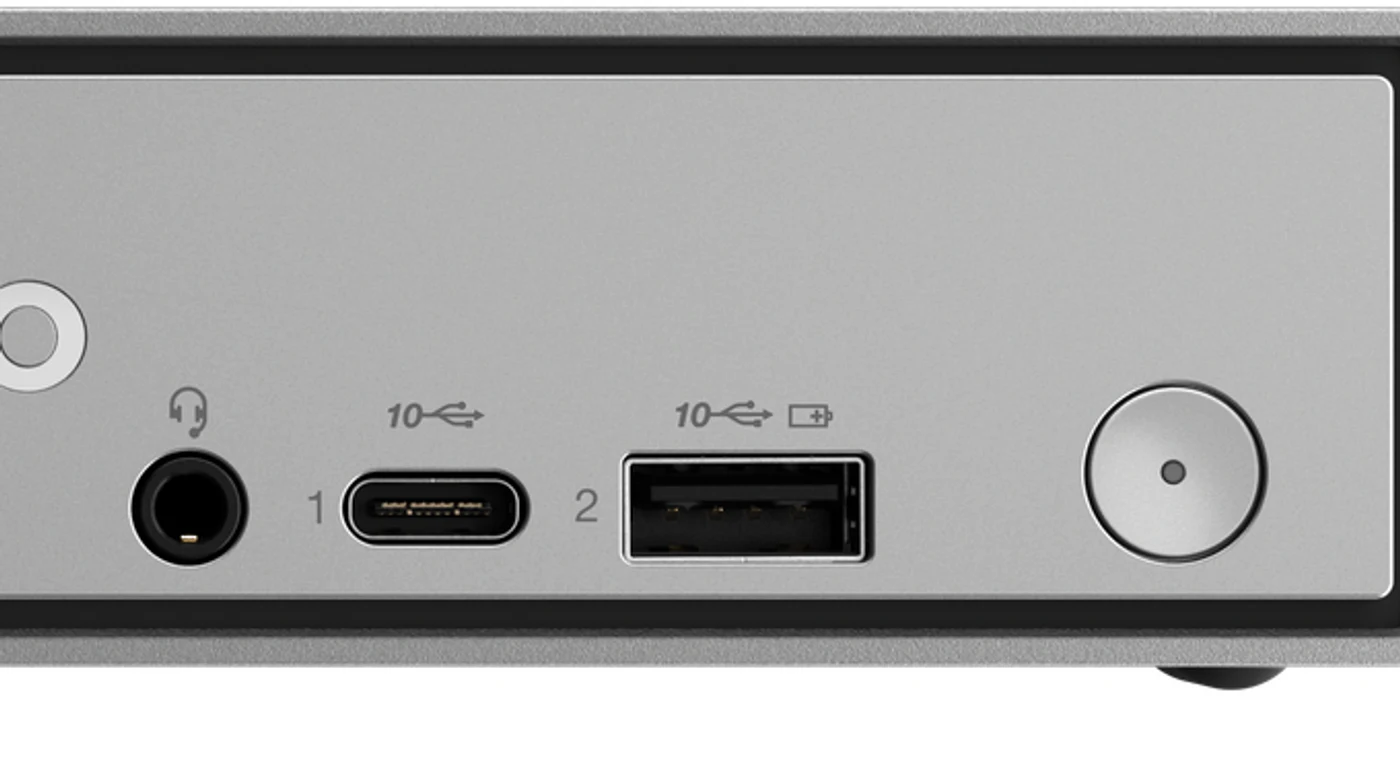 Bande de façade du neo 50q : prise casque, USB-C, USB-A et bouton d'alimentation
