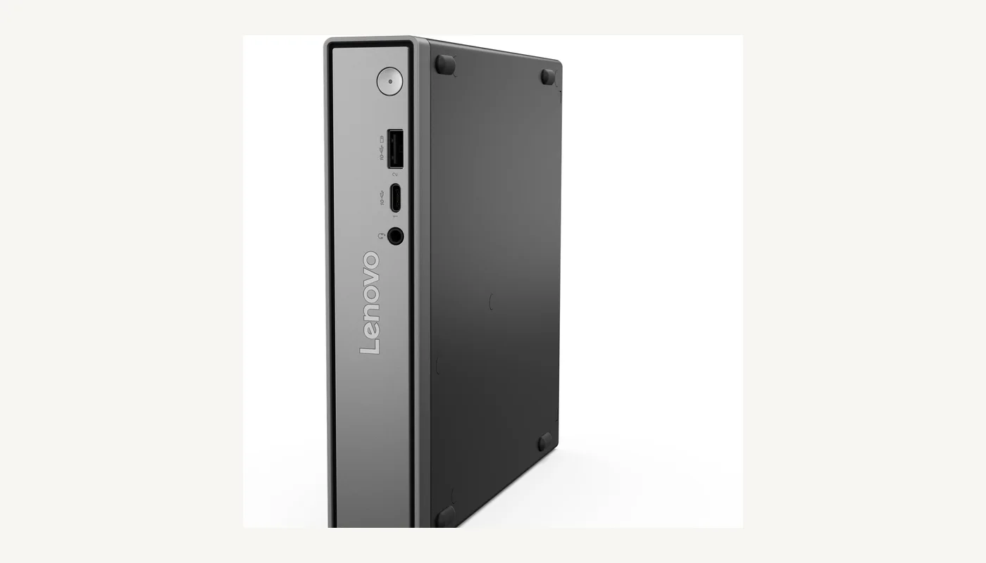 ThinkCentre neo 50q Gen 6 noir posé debout, façade grise verticale