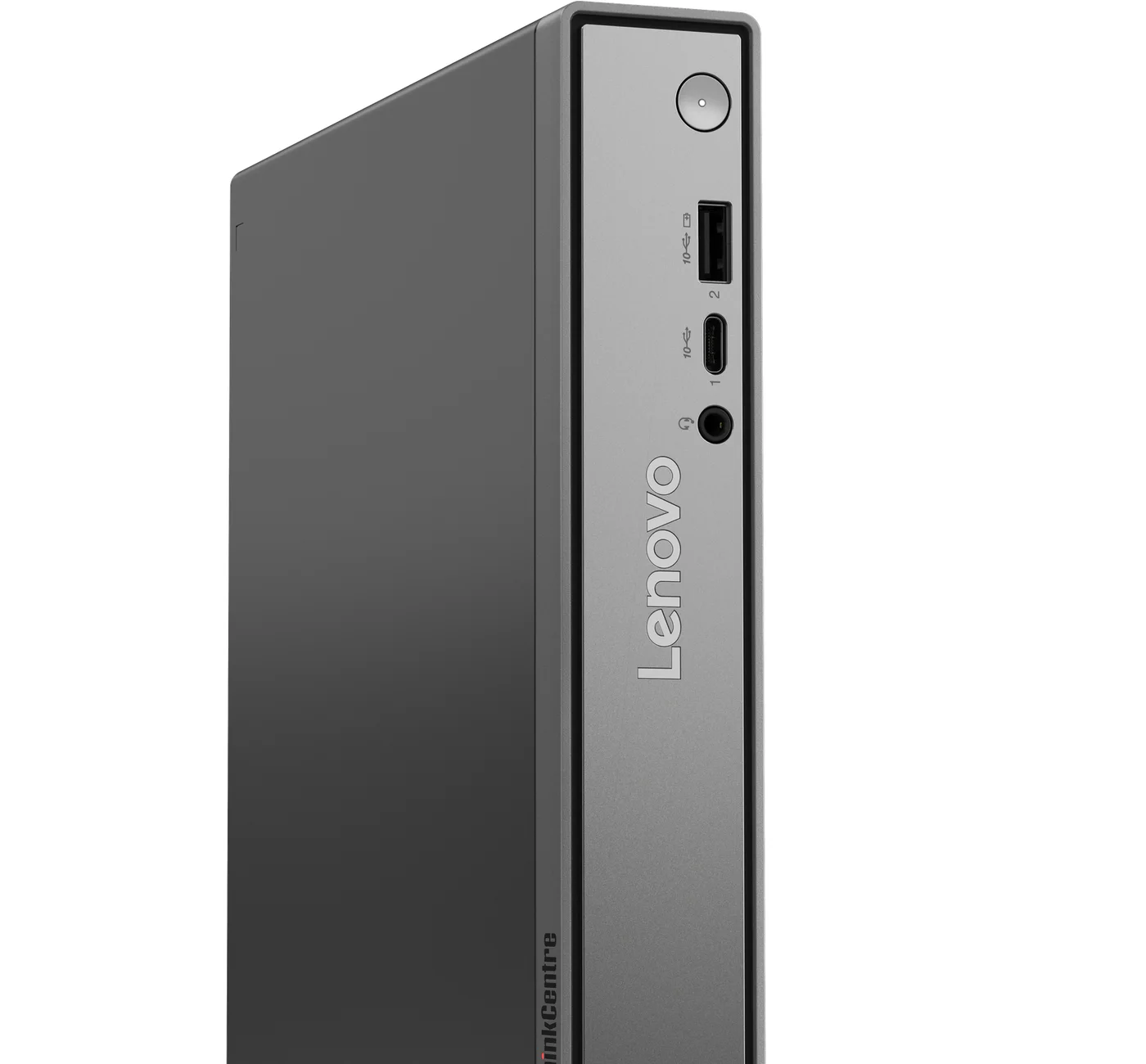 ThinkCentre neo 50q Gen 6 posé sur la tranche, façade grise et logo ThinkCentre