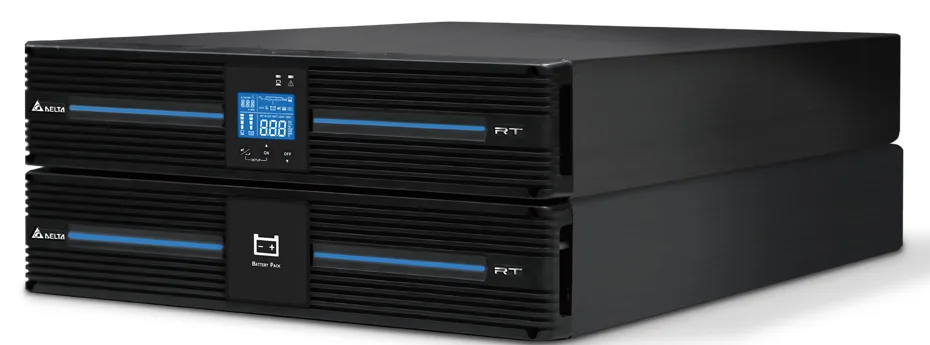 Onduleur Amplon RT posé sur un coffret batterie externe Delta de même format
