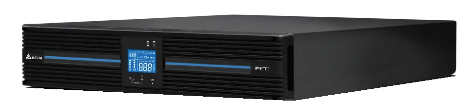 Onduleur Delta Amplon RT 3K noir au format 2U, vu de trois quarts, écran LCD bleu en façade