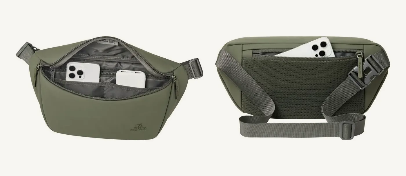 Sac banane Rivacase 7814 ouvert avec un téléphone et une batterie dans leurs pochettes, et vue du dos avec la poche zippée dissimulée contre la maille