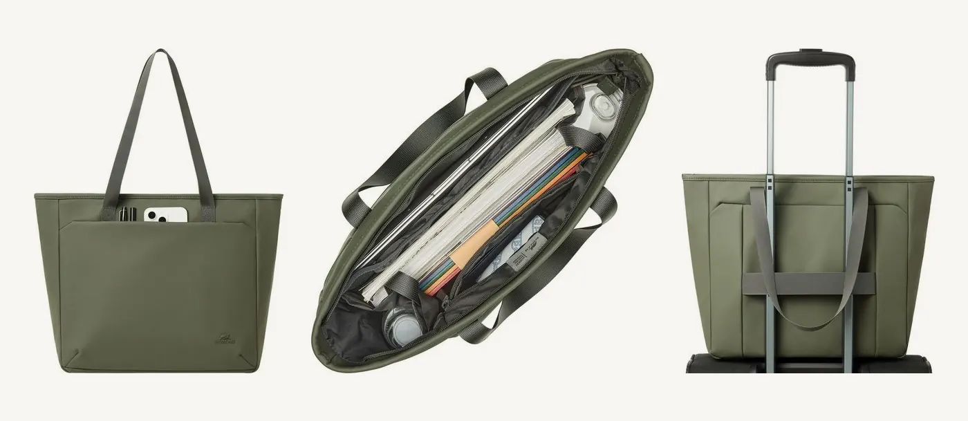 Trois vues du cabas Rivacase 7821 : téléphone dans la poche avant dissimulée, intérieur rangé avec ordinateur, dossiers et bouteille, et cabas enfilé sur la poignée d'une valise