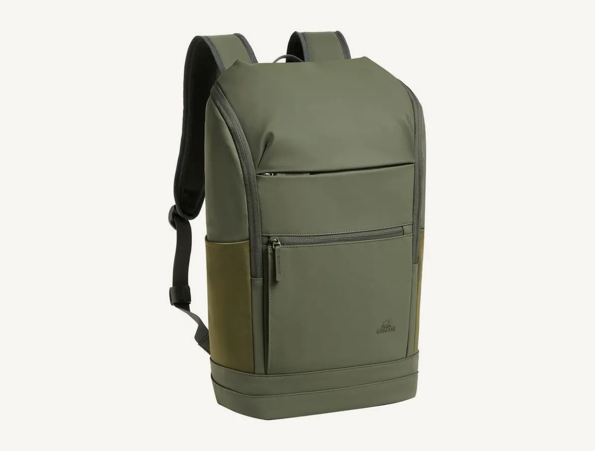 Sac à dos Rivacase Eden 7856 vert olive vu de trois quarts, avec ses deux poches avant zippées