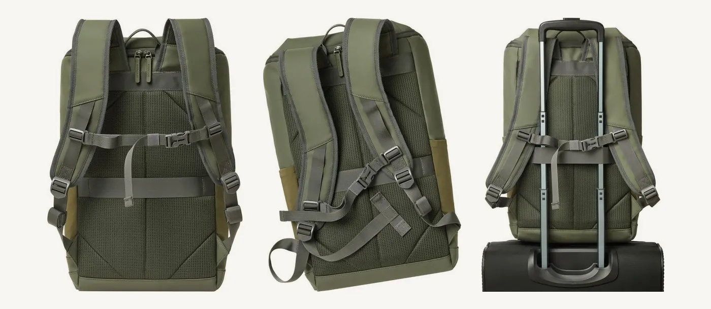 Dos du sac Rivacase 7856 : panneau en maille, bretelles avec sangle de poitrine, et sac posé sur la poignée d'une valise à roulettes