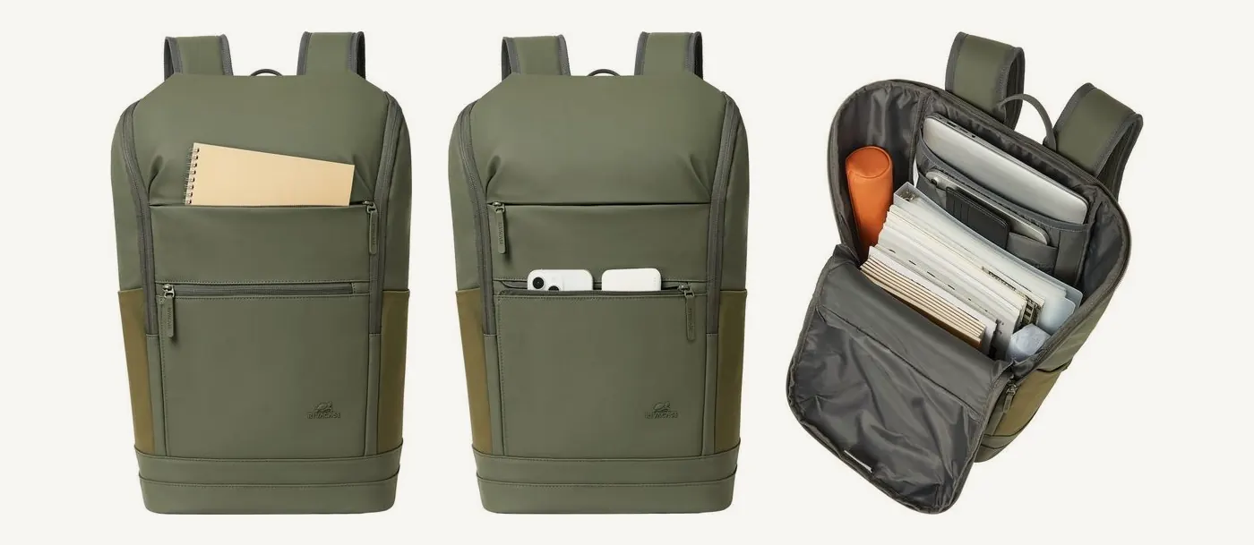 Trois vues du sac Rivacase 7856 : cahier dans la poche avant haute, téléphone et batterie dans la poche basse, compartiment principal ouvert avec ordinateur, tablette et dossiers