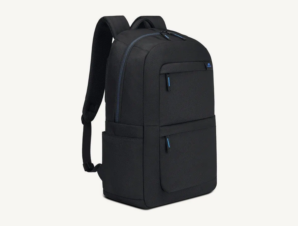 Sac à dos Rivacase Boboli 8062 noir vu de trois quarts, liserés bleus sur les fermetures
