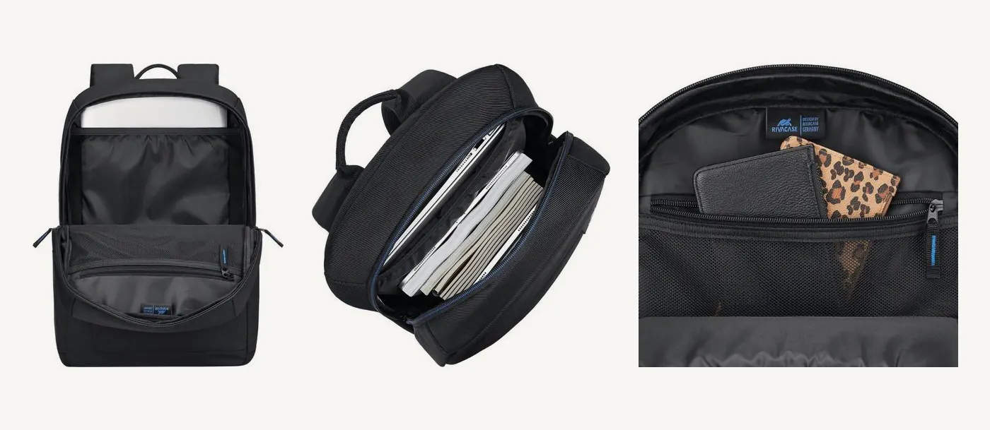 Intérieur du sac Rivacase 8062 : ordinateur glissé dans la poche en néoprène, sac rempli de dossiers, et poche intérieure zippée en filet