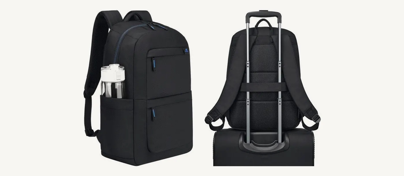 Sac Rivacase 8062 avec une bouteille dans la poche latérale, et le même sac enfilé sur la poignée d'une valise à roulettes