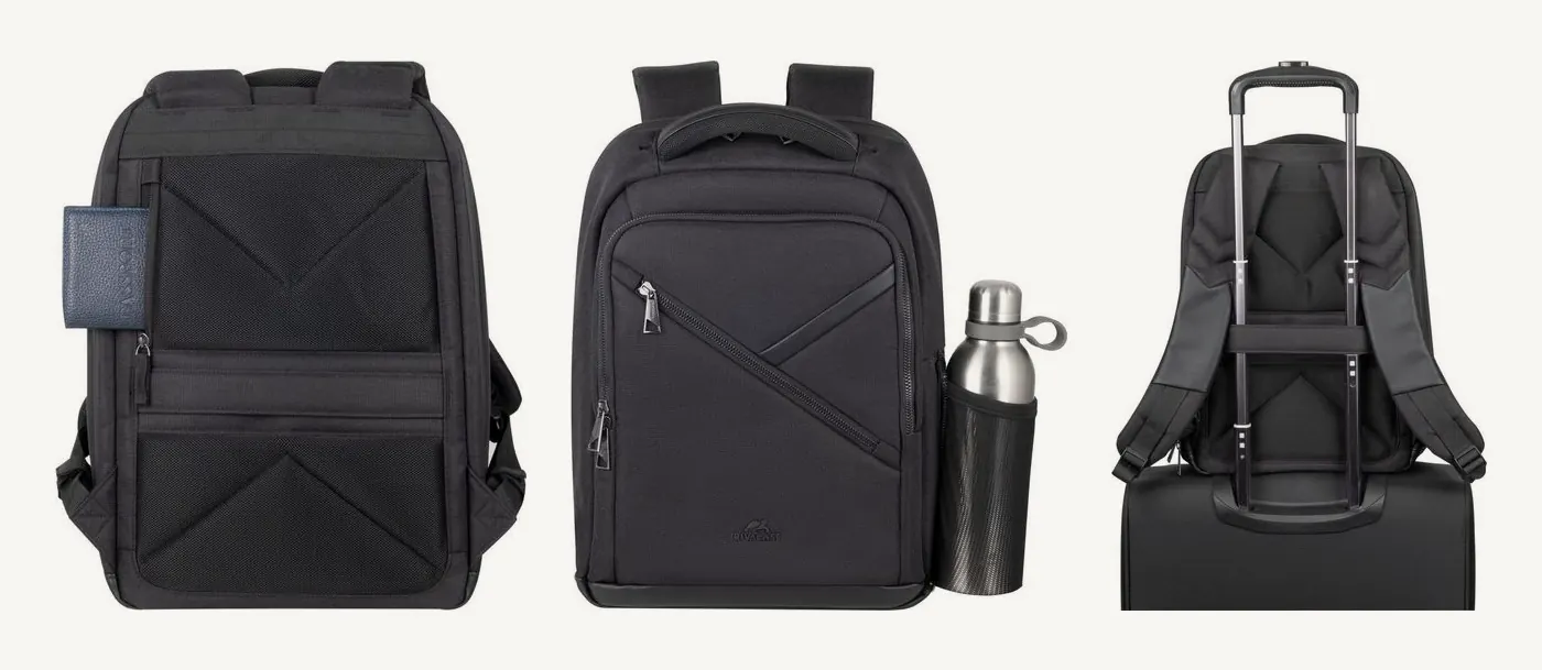 Dos du sac Rivacase 8126 avec un passeport dans la poche dissimulée, bouteille dans la poche latérale dépliée, et sac posé sur une valise