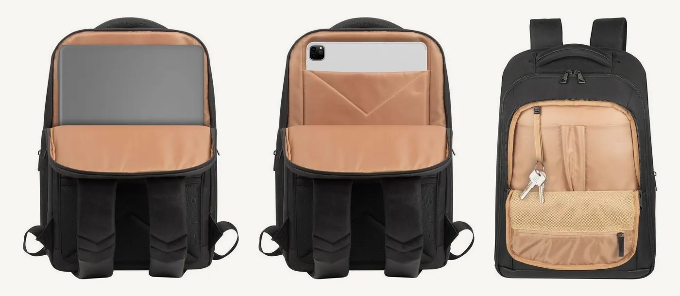 Compartiment ordinateur du sac Rivacase 8164 ouvert avec un portable, poche tablette avec une tablette, et organiseur avant avec clés et stylos