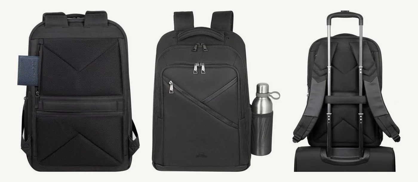 Dos du sac Rivacase 8164 avec un passeport dans la poche dissimulée, bouteille dans la poche latérale, et sac posé sur une valise à roulettes