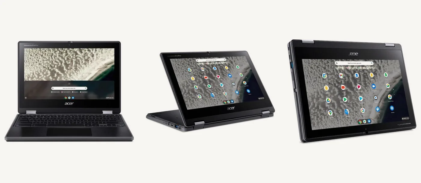 Le Chromebook Spin 511 en position portable, en position présentation clavier retourné, puis replié en tablette