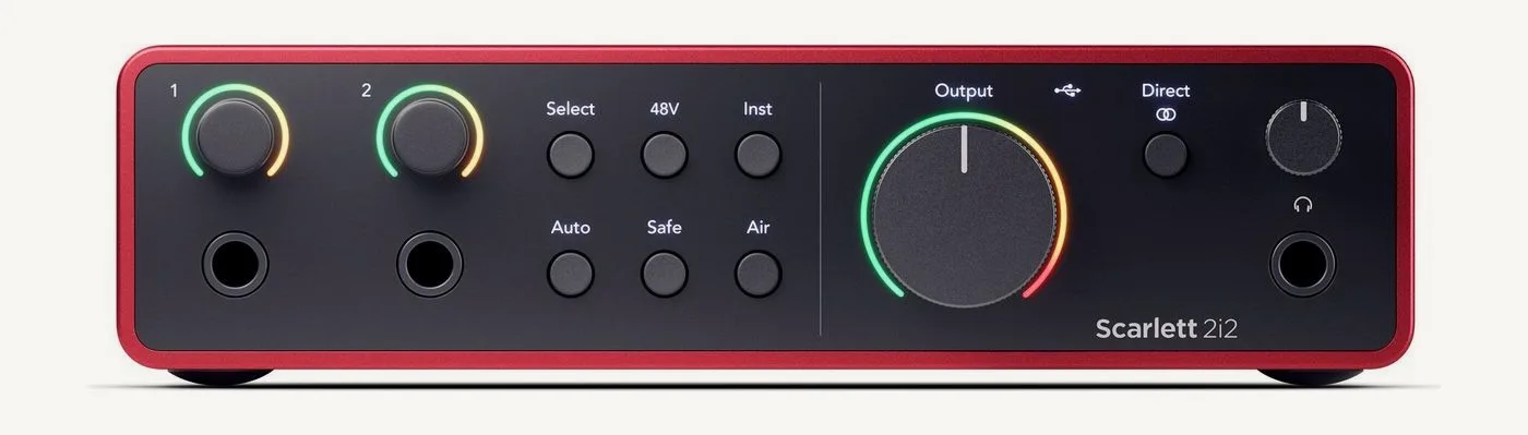 Façade du Scarlett 2i2 : deux gains à halo, deux entrées jack, boutons Select, 48V, Inst, Auto, Safe et Air, volume Output à anneau lumineux, Direct et prise casque