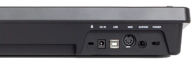 Face arrière du Keystation 61 MK3 : encoche Kensington, prise DC IN, port USB, sortie MIDI 5 broches, prise Sustain et interrupteur Power