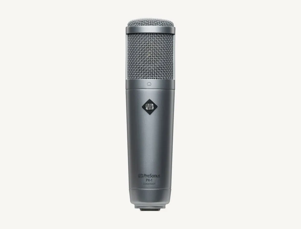 Face avant du micro PreSonus PX-1, le logo PreSonus au centre du corps