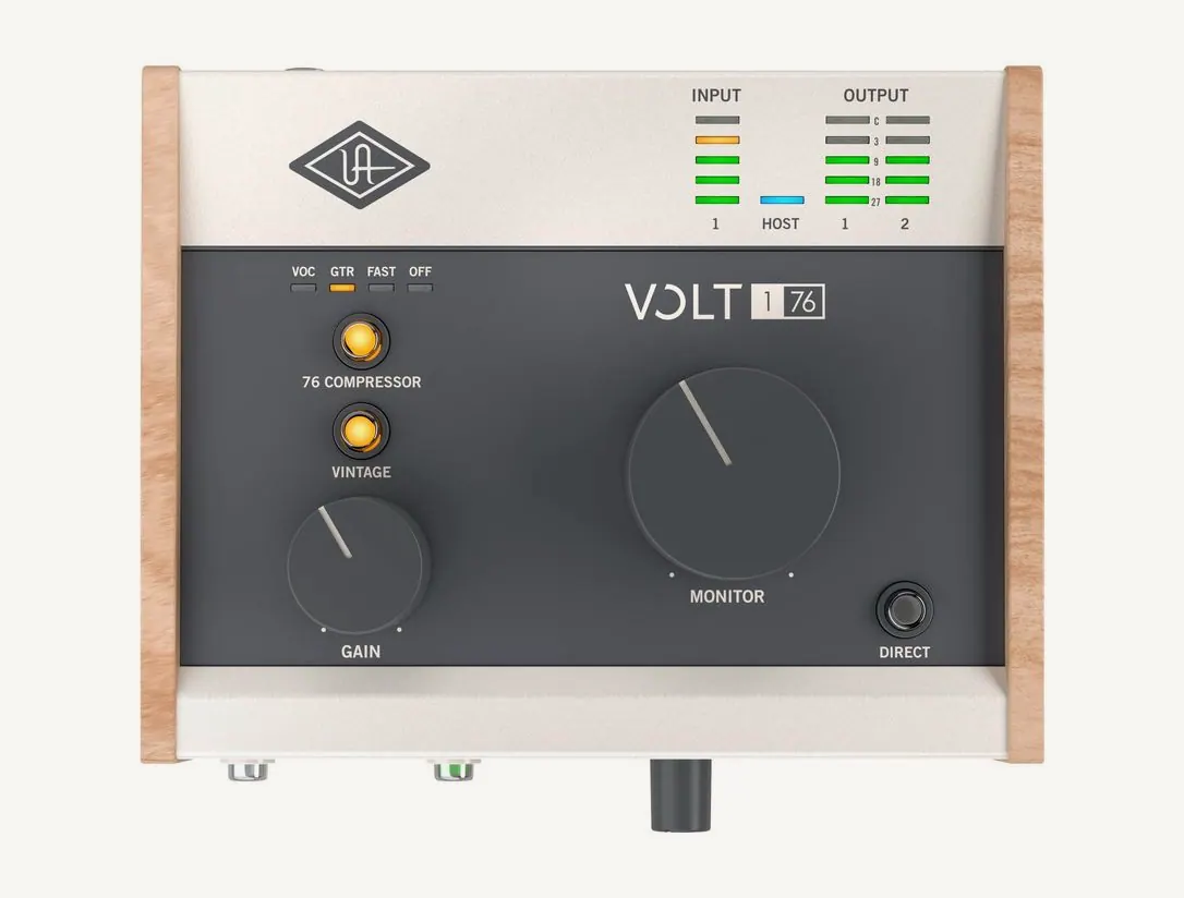 Interface Universal Audio Volt 176 vue de dessus : gain, Vintage, compresseur 76, Monitor et Direct