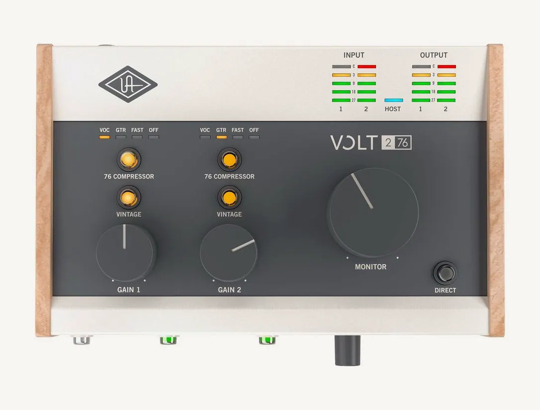 Interface Universal Audio Volt 276 vue de dessus : deux gains, deux Vintage, deux compresseurs 76 et Monitor