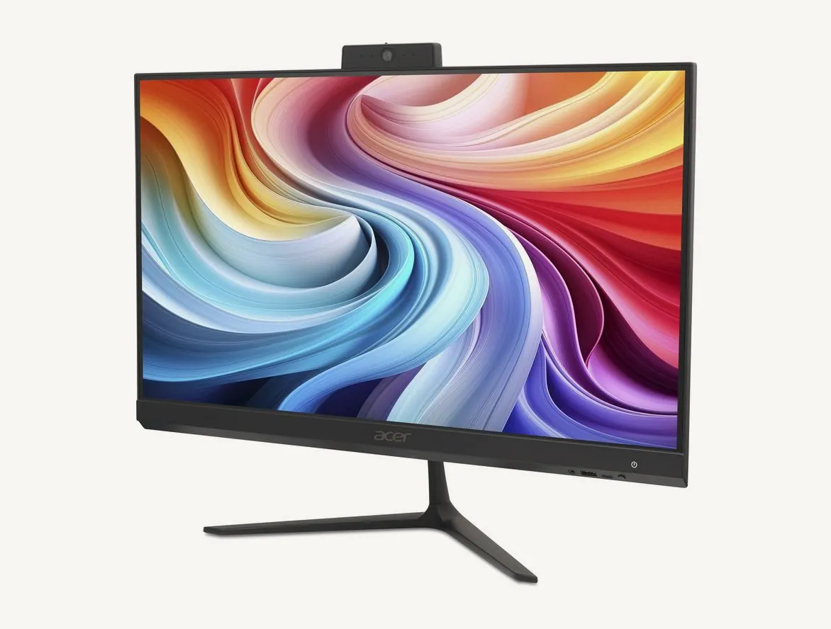 Ordinateur tout-en-un Acer Aspire C24 de 23,8 pouces vu de trois quarts, sur son pied en V