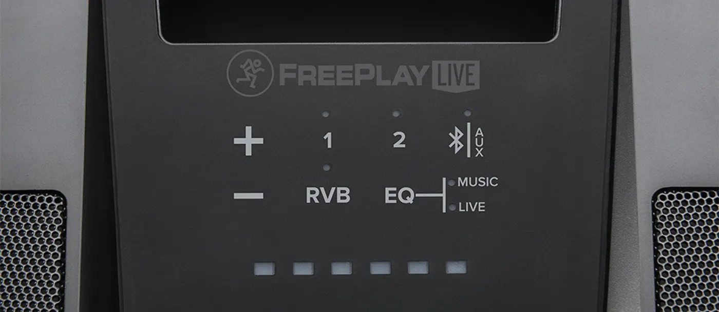Panneau de commande sur le dessus de la FreePlay LIVE : touches plus et moins, voies 1 et 2, Bluetooth, RVB, EQ et vumètre