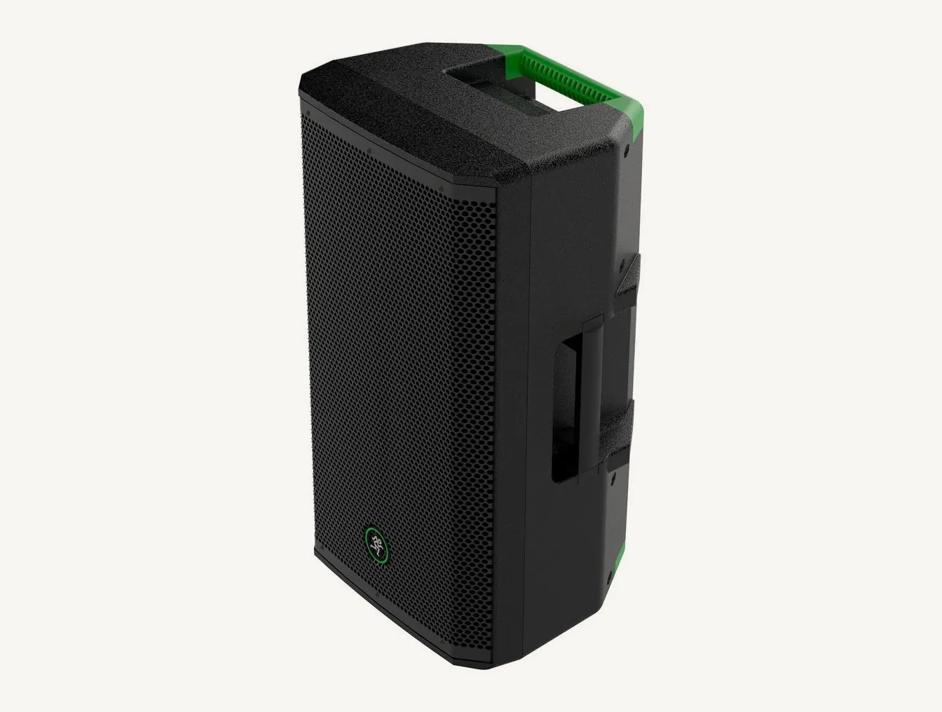 Enceinte active Mackie Thrash212 vue de trois quarts, coffret noir et poignée supérieure verte