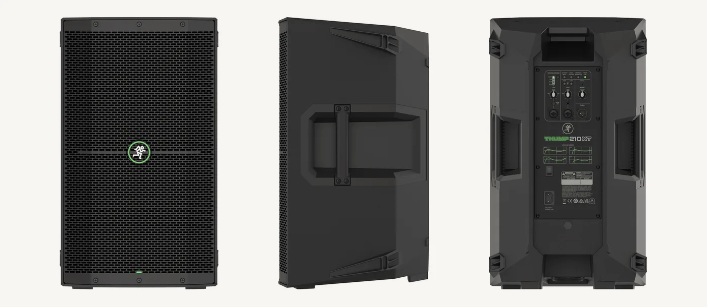 Thump210XT de face, de profil avec son pan coupé et sa poignée, et de dos avec le panneau de commande