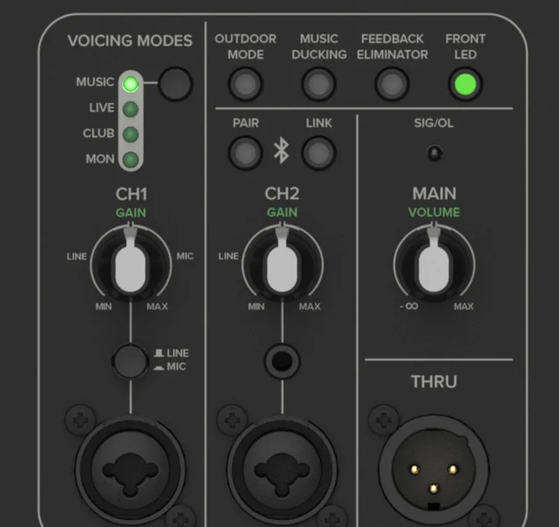 Panneau de commande arrière de la Thump210XT : modes de sonorisation, boutons Outdoor, Music Ducking, Feedback Eliminator, Front LED, Bluetooth, gains, volume et sortie Thru