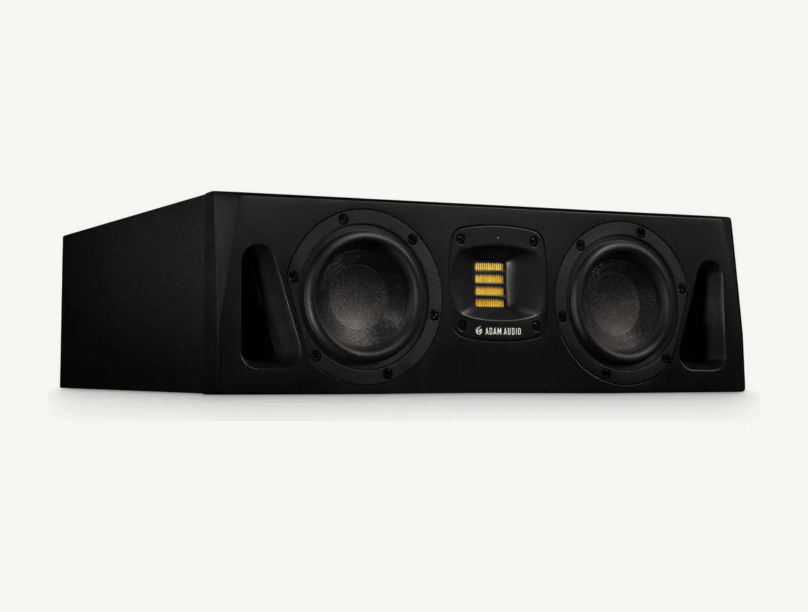 Moniteur de studio ADAM Audio A44H noir vu de trois quarts : deux boomers de part et d'autre du tweeter X-ART