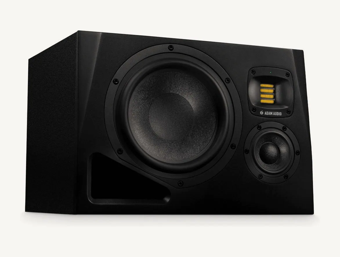 Moniteur ADAM Audio A8H version gauche vu de trois quarts : boomer de 8 pouces, tweeter X-ART et médium